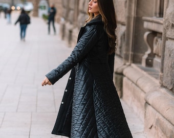 Black Puffer Coat, Warm Coat With Lapel Collar, Long Puffer Jacket For Woman, Quilted Warm Coat, Lapel Jacket, Hooded Puffer Coat