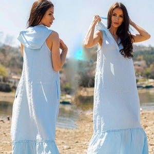 Sleeveless Loose Linen Dress, Blue Summer Linen Hooded Dress, Washed Linen Dress With Side Pockets, Plus Size Linen Dresses For Women