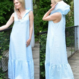 Sleeveless Linen Dress • Summer Linen Hooded Dress • Linen Dress With Side Pockets • Light Blue Linen Dress • Plus Size Dress