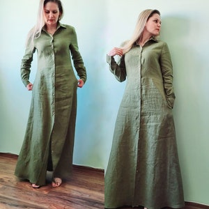 Linen Shirt Dress Women Collared, Long Sleeves Shirt Dress, Plus Size Clothing, Relaxed Dress, Olive Green Linen Dress, Maxi Linen Dress
