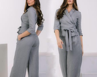 Grey Linen Top With Shawl Collar, Linen Wrap Top, Summer Linen Tunic, Sleeve Linen Top, Elegant Linen Blouse, Plus Size Linen Top, Linen Top