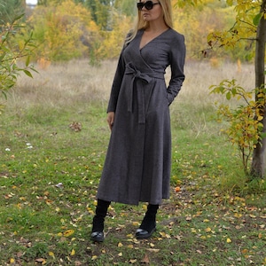Wollen maxijurk, wollen wikkeljurk dames, casual wollen jurk, jurk met lange mouwen, jurk plus size, lange wikkeljurk winter