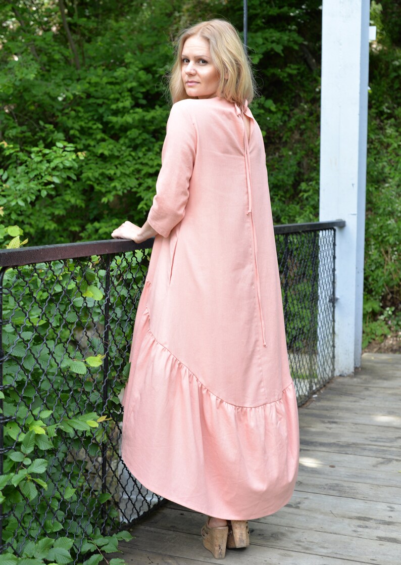 Maxi Linen Dress, Interesting Dress, Asymmetric Loose Maxi Dress, Linen Viscose Dress, Casual Comfy 4/3 Sleeve Dress