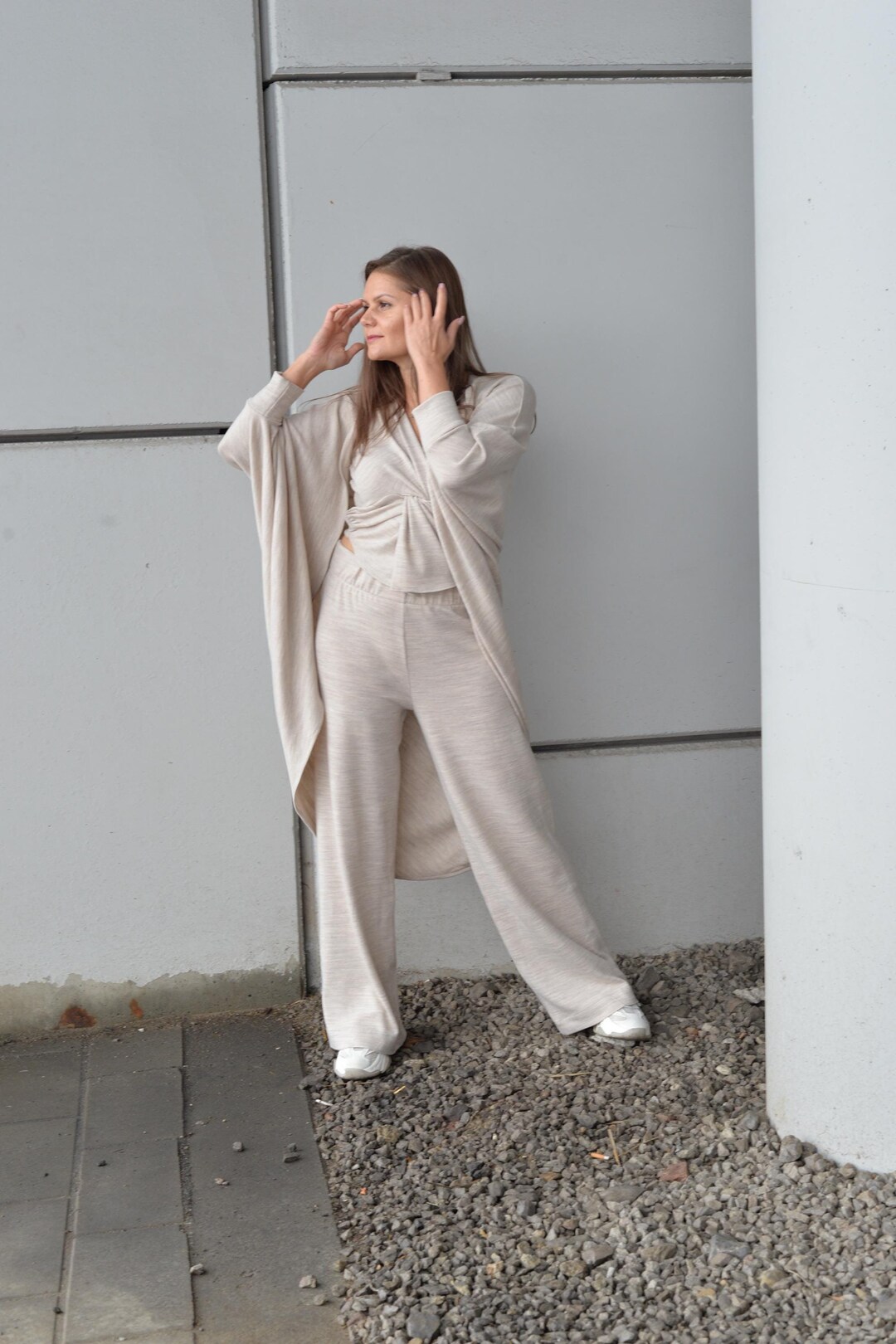 Casual Knit Cardigan Set with Long Pants