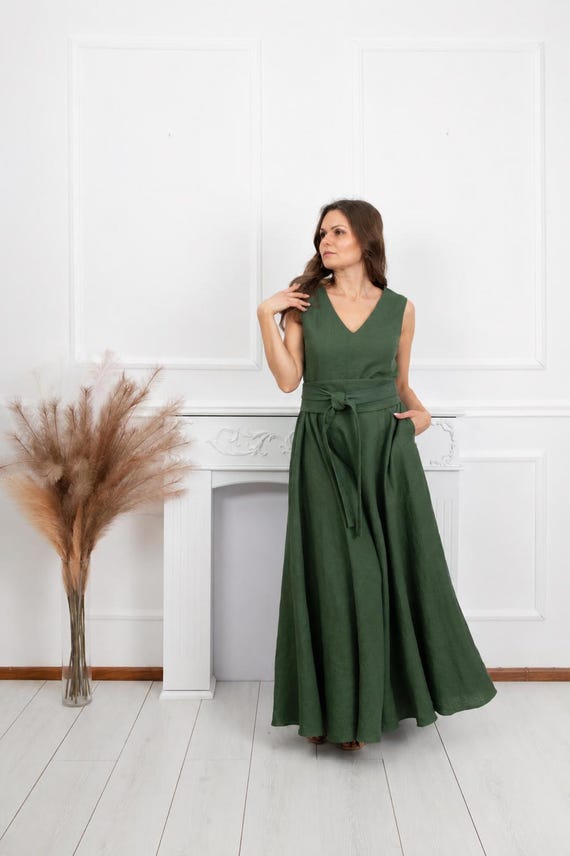 flowy belted maxi dress Military Green Linen Dress, Circle, Belted, Pockets, Handmade Summer Clothing, Sleeveless Aurora flowy