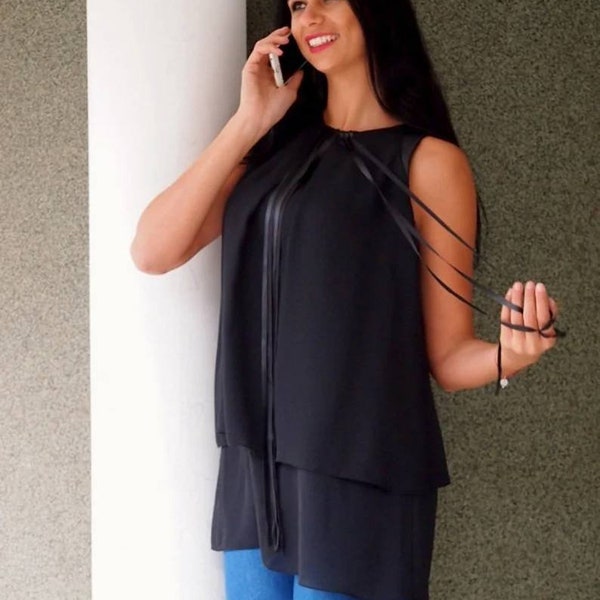 Chiffon Dress Jacket • Chiffon Mini Dress • Faux Leather tunic • Black chiffon tunic • Plus size tunic • Romantic Black Chiffon Tunic