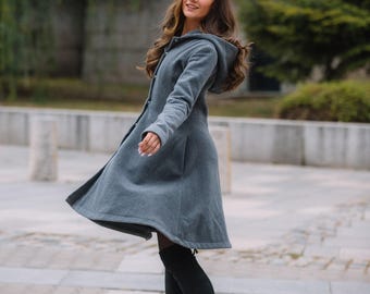 Winter Outwear • Winter Wool Coat • Grey Hooded Midi Winter Coat • Plus Size Winter Clothing • Princes Single Breast Coat