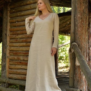 Maxi Linen Dresses For Women, Long Sleeve V Neck Dress, Relaxed Dress, Plus Size Dress, Boho Linen Wedding Dress, Summer Linen Dress