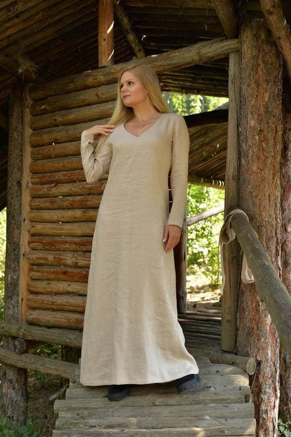 Maxi Linen Dresses for Women, Long Sleeve V Neck Dress, Relaxed