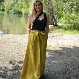 Jupe taille haute en lin avec poches, Jupe longue taille sac en papier, Vêtements grande taille, Jupe couleur moutarde de Dijon, Jupe longue taille haute