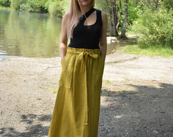 High Waisted Linen Skirt With Pockets, Maxi Paper Bag Waist Skirt, Plus Size Clothing, Dijon Mustard Color Skirt, High Waisted Skirt Long