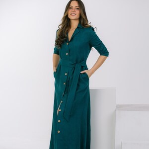 Emerald Green Linen Dress, Botton Down Linen Shirt Dress, Plus Size Dress, Elegant Linen Dress, Summer Linen Dress, Linen Dress With Belt