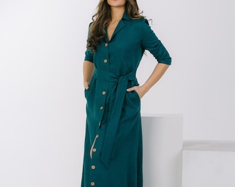 Dark Green Linen Maxi Dress, Button Down Dress, Custom Made, Made to Order,  Plus Size - Etsy