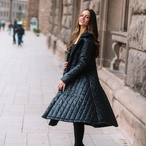 Maxi Coat Puffer, Black Puffer Coat, Long Puffer Jacket For Woman, Quilted Warm Puffy Coat, Lapel Jacket, Hooded Coat Puffer