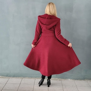 Maxi Winter Coat For Women, Winter Wool Coat,  Winter Outwear, Bordeaux Hooded, Plus Size Winter Clothing, Princes Single Breast Coat