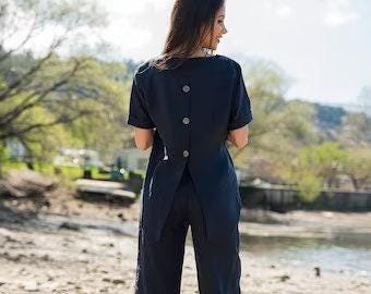 Dark Blue Linen Set, Linen Pants and Blouse Set, Linen Top With Buttons, Elastic Waist Linen Pants Boho Linen Set, Summer Linen Set Women