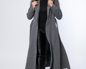 Lange grijze wollen jas dames, winterjas met riem, reverskraag en zakken, warme wikkeljas, elegante wollen overjas