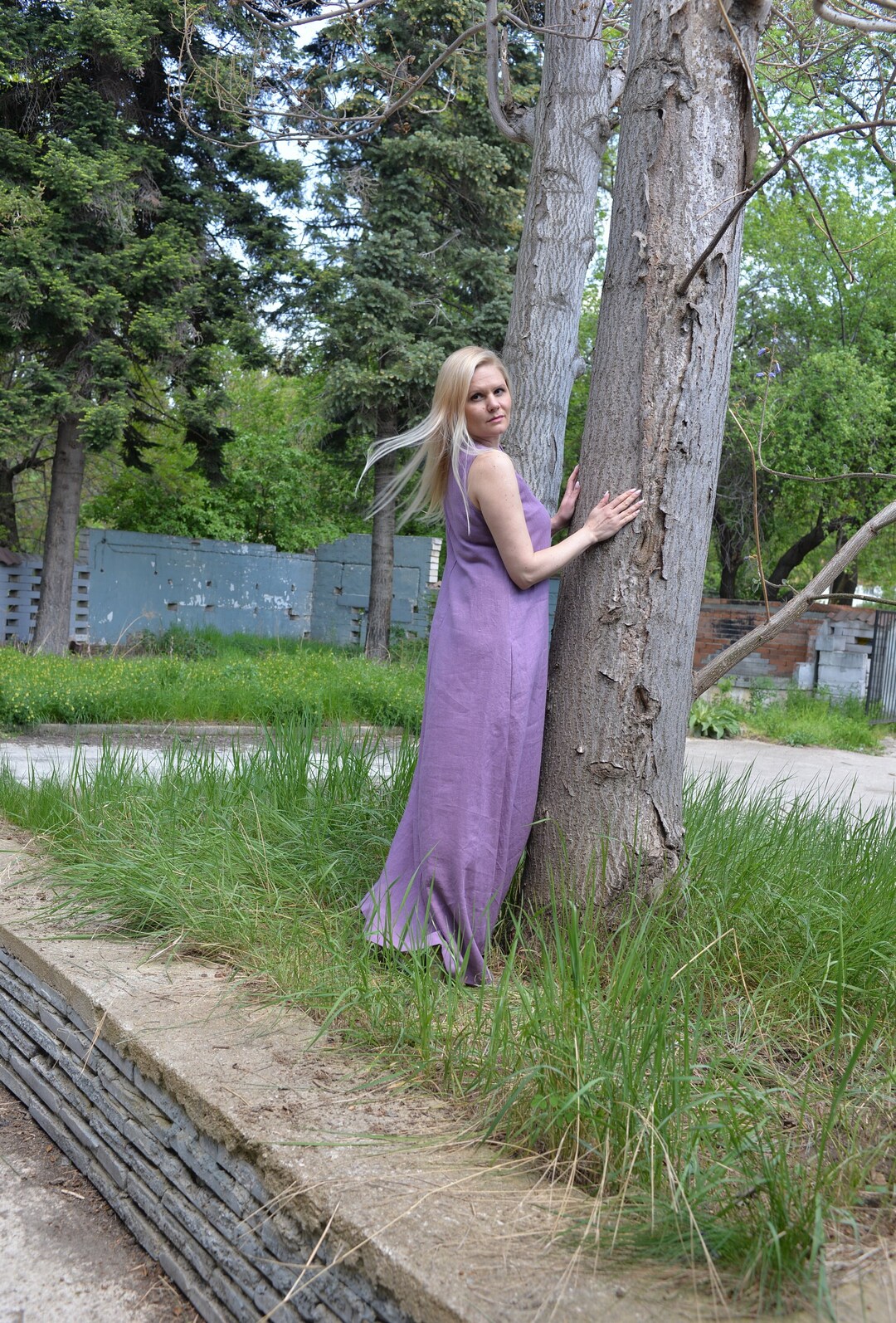 The Zinnia Lavender Print Linen Dress