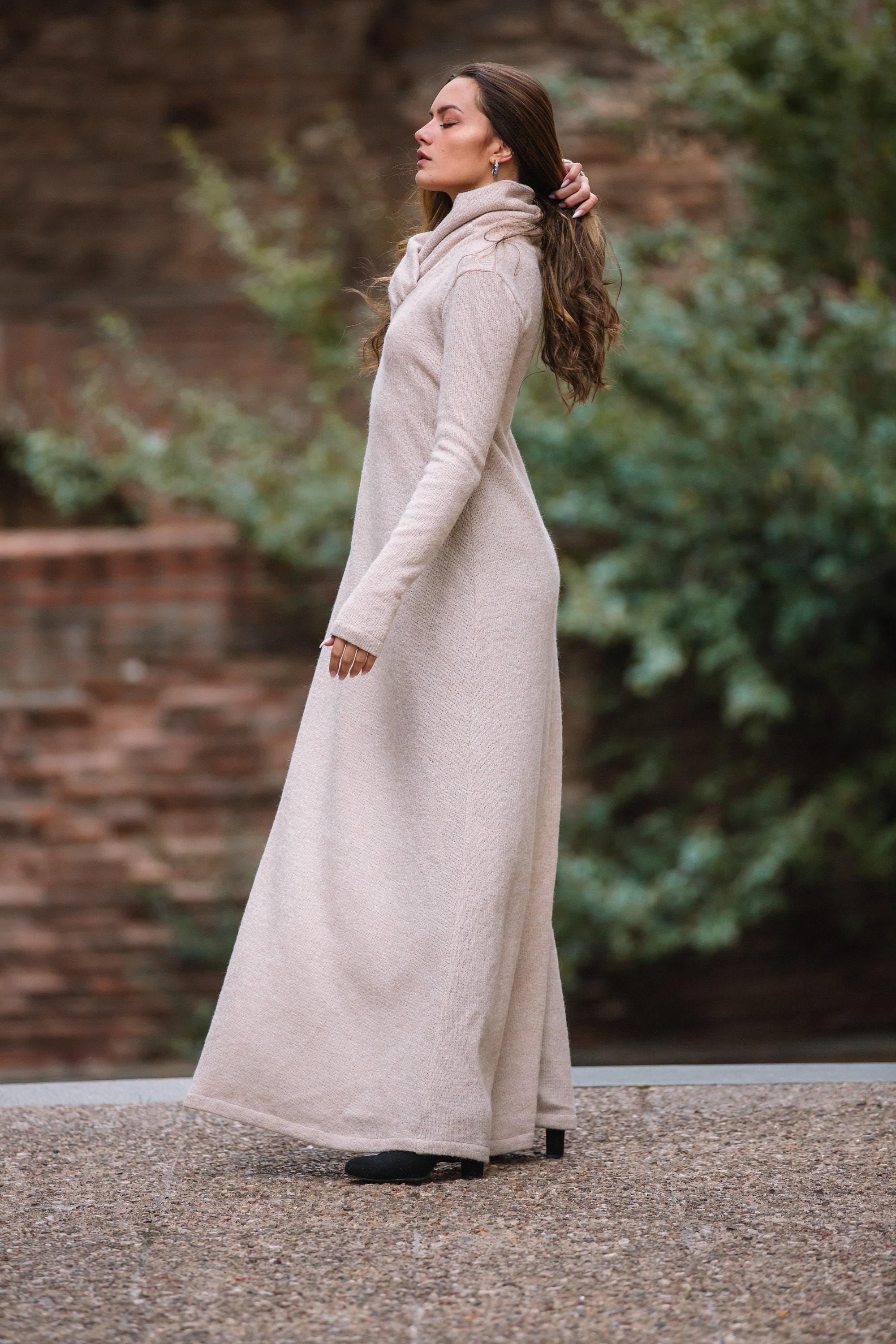 beige sweater dress outfit Beige Rib Knit Sweetheart Midi Dress, Long Sleeve Sweater Dress