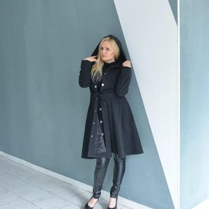 Black Wool Coat, Winter Wool Coat, Winter Outwear, Hooded Midi Coat, Women Coat With Hood And Pockets, Belted Wool Coat, Christmas Coat