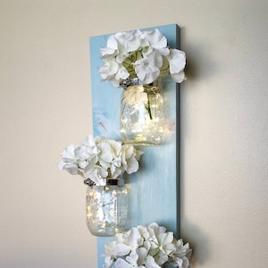 Mason Jar Wall Decor, Lighted Mason jar Decor, Farmhouse Decor, Beach Decor, Rustic Home Decor, Mason Jar gifts, Mothers Day Gift,