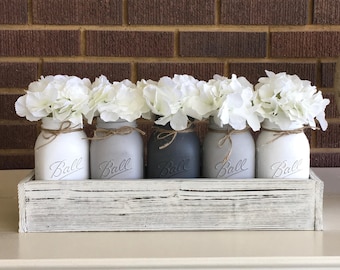 Mason Jar Centerpiece, Rustic Home Decor, Farmhouse Decor, Farmhouse Table Centerpiece, Painted Mason Jars, Mason Jar Gifts, Rustic Mantle