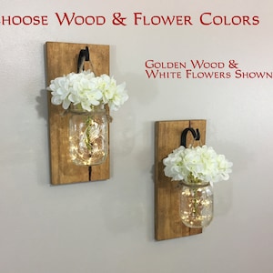 Rustic Wall Decor, Rustic Home Decor, Farmhouse Decor, Fall Decor, Mason Jar Wall Decor, Wall Sconce, Lighted Wall Decor, Set of 2 Sconces