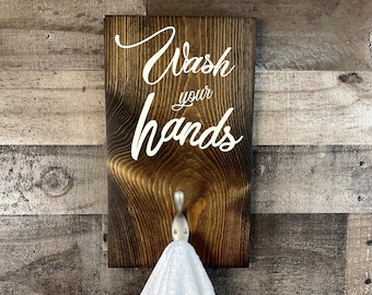 Wash Your Hands Bathroom Wall Decor, Bathroom Decor, Rustic Home Decor, Towel Hooks, Towel Rack, Custom Gifts, Gifts for Christmas Birthdays