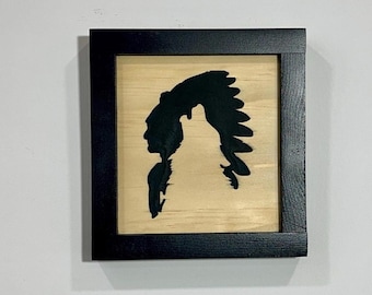 Native American Chief & Wolf Wood Art: Epoxy Framed Home Decor