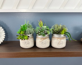 Juego de macetas de imitación suculentas estilo granja en tarro de cristal