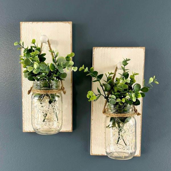 Farmhouse Mason Jar Wall Sconces, Set of Two Lighted Mason Jar Wall Sconces, Lighted Sconce, Rustic Home Decor, Mason Jar Wall Sconce Set