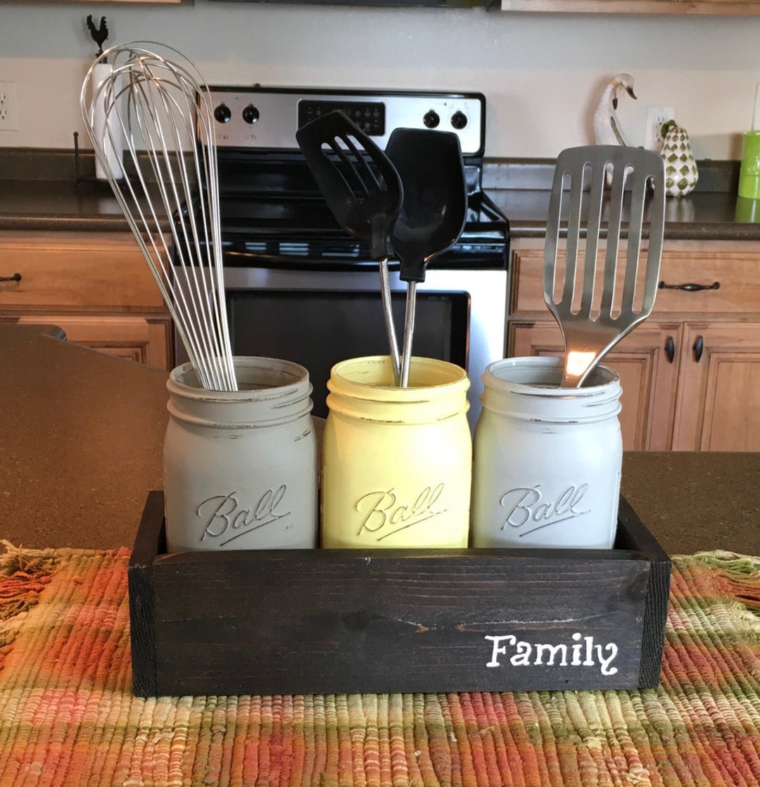 Mason Jar Decor, Mason Jar Utensil Holder, Kitchen Organization, Farmhouse Kitchen, Personalized