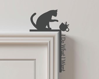 Funny Cat Door Topper, Knocking Cup Silhouette, Humorous Cat Decor
