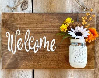 Welcome Front Porch Signs, Rustic Front Door Sign, Wood Welcome Sign, Rustic Painted Signs, Farmhouse Decor, Entryway Decor, Mason Jar Decor