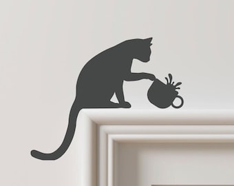 Humorous Wood Cat Door Topper, Cat & Mug Shelf Decor