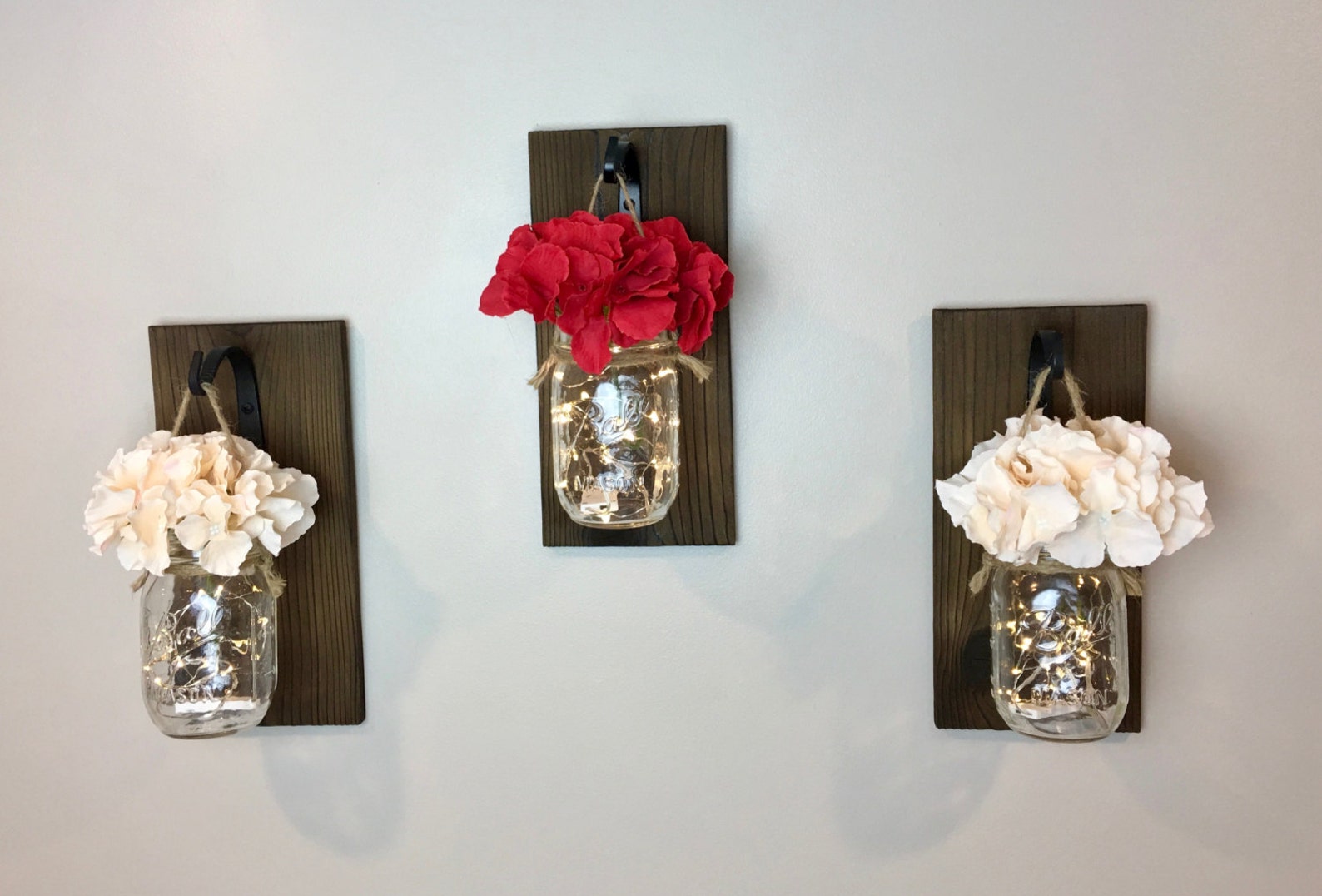 Mason Jar Wall Hanging Lighted Mason Jars Mason Jar Wall Etsy