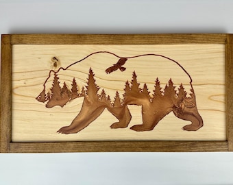 Framed Epoxy Bear Art: Native American Wood Wall Decor
