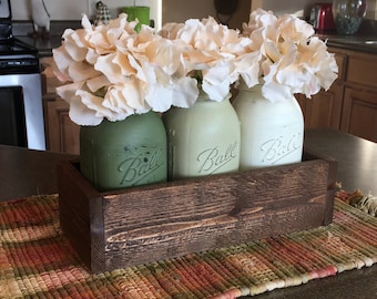 Rustic Painted Mason Jar Centerpiece: Cedar Wood Box, Farmhouse Decor