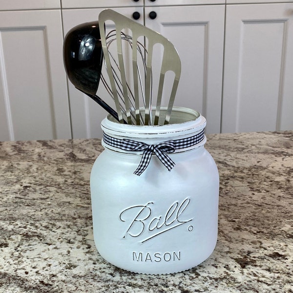 Mason Jar Decor, Painted Mason Jar Utensil Holder, Rustic Home Decor, Farmhouse Kitchen Decor, Kitchen Decor, Kitchen Utensil Holder