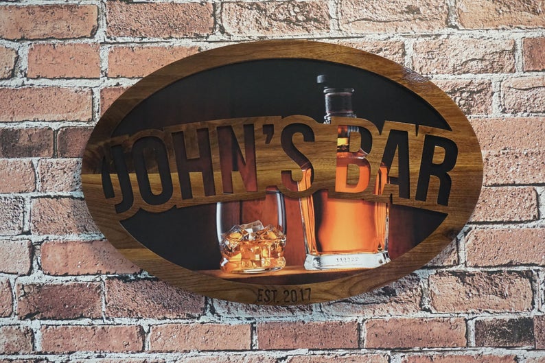 WOODEN BAR SIGN, Custom Man Cave Sign, Backlit Bar Sign, Walnut Sign, Sports Sign, Husband Gift, Gift For Him, Home Décor, Custom Bar Sign image 1