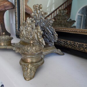 Vintage Italian Rococo Brass Cherub Inkwell Letter Holder image 3