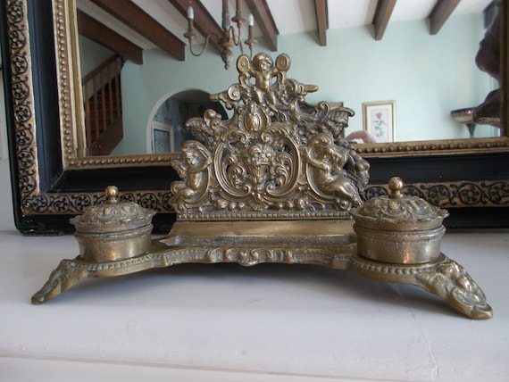 Vintage Italian Rococo Brass Cherub Inkwell Letter Holder