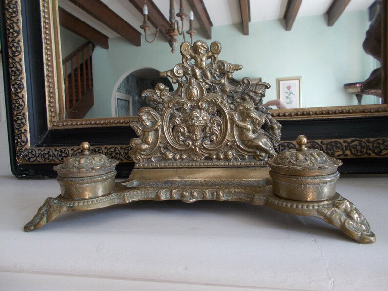 Vintage Italian Rococo Brass Cherub Inkwell Letter Holder image 1