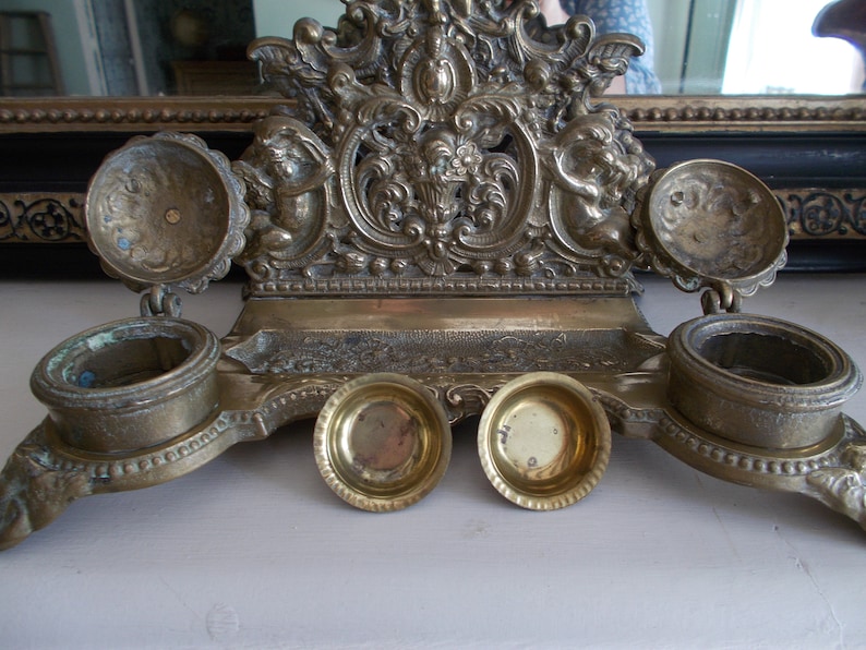 Vintage Italian Rococo Brass Cherub Inkwell Letter Holder image 10