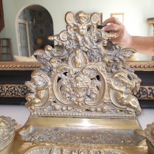 Vintage Italian Rococo Brass Cherub Inkwell Letter Holder image 9