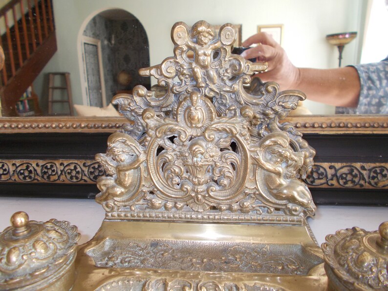 Vintage Italian Rococo Brass Cherub Inkwell Letter Holder image 9