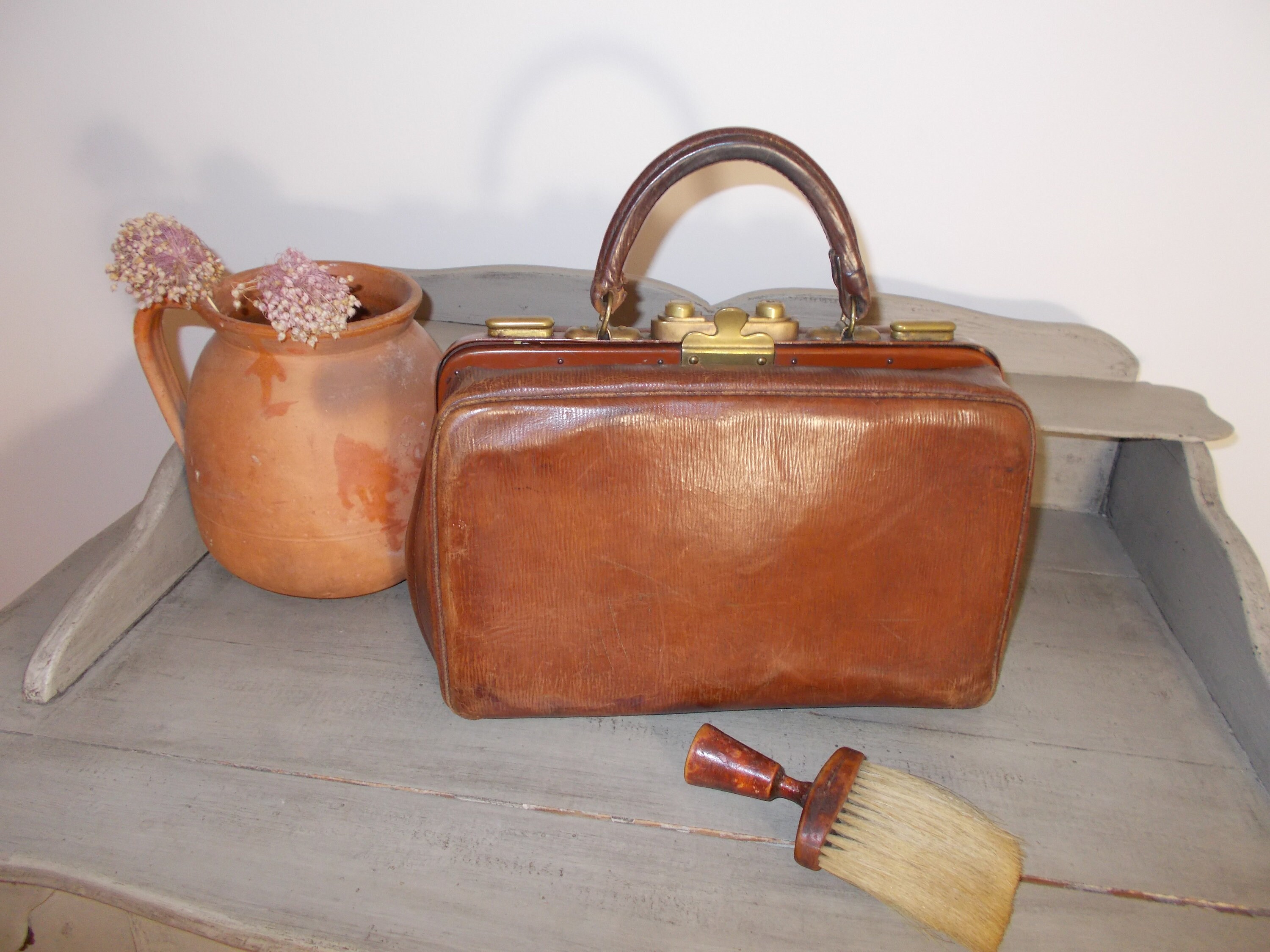 Antique French Brown Leather Gladstone Bag, Doctor / Midwife Bag