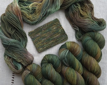 May include: Green and brown variegated yarn in skeins and hanks, with a knitted swatch. The yarn is a mix of greens, browns, and hints of blue. The skeins are tightly wound, and the swatch shows the knitted texture.