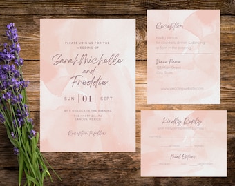 Wedding Invitation Template Suite, 3 Piece Set, Chic Editable Modern Wedding Invite Bundle, Custom Classic Wedding Invites, Watercolor