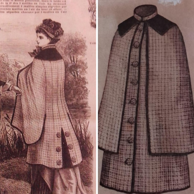 May include: A black and white checkered cape with a black collar and buttons. The cape is shown on a model wearing a dress.